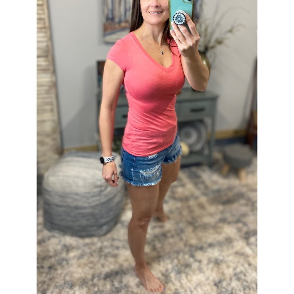 ❤️‍🔥Burnout Low Cut V-Neck Cleavage Baby Slimming Tee Shirt Coral 1216